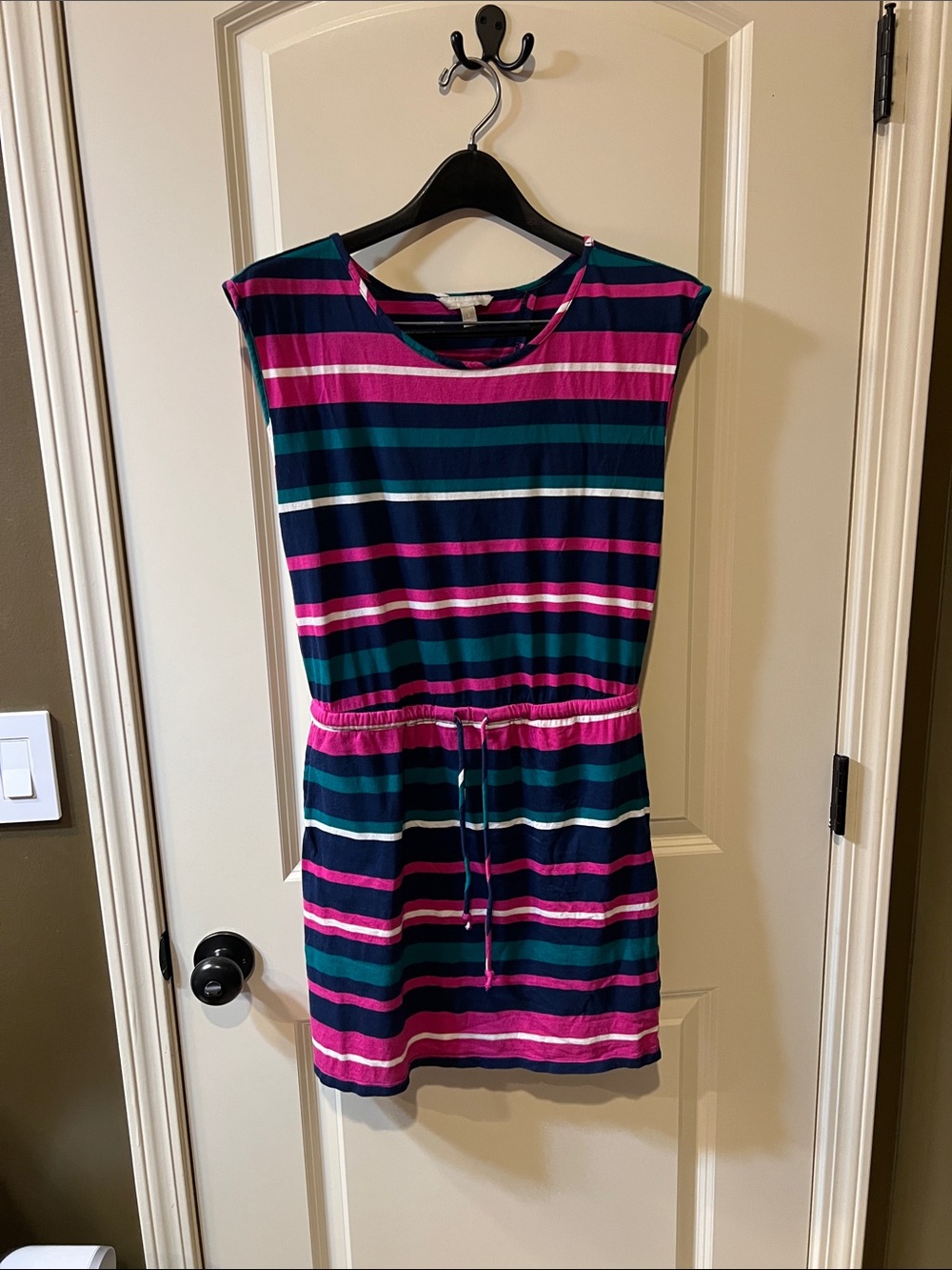 Banana Republic Teal, Navy & Pink Striped Drawstring Dress H170